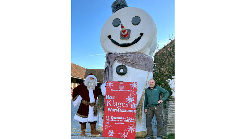 Premiere des Winterzaubers auf dem Hof Klages in Bilm: riesiger Schneemann begrüßt Besucher