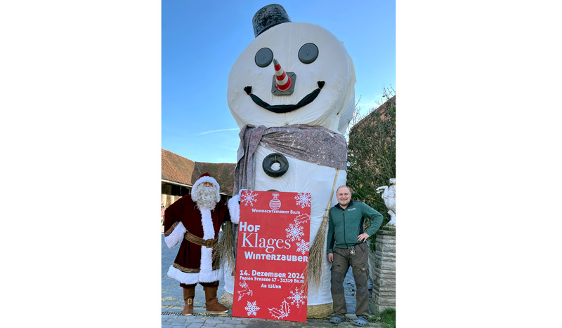 Premiere des Winterzaubers auf dem Hof Klages in Bilm: riesiger Schneemann begrüßt Besucher